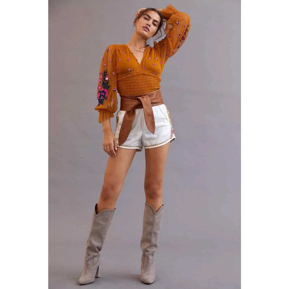 Anthropologie Top Womens Small Orange Floral Embroidered Mesh Smocked Crop